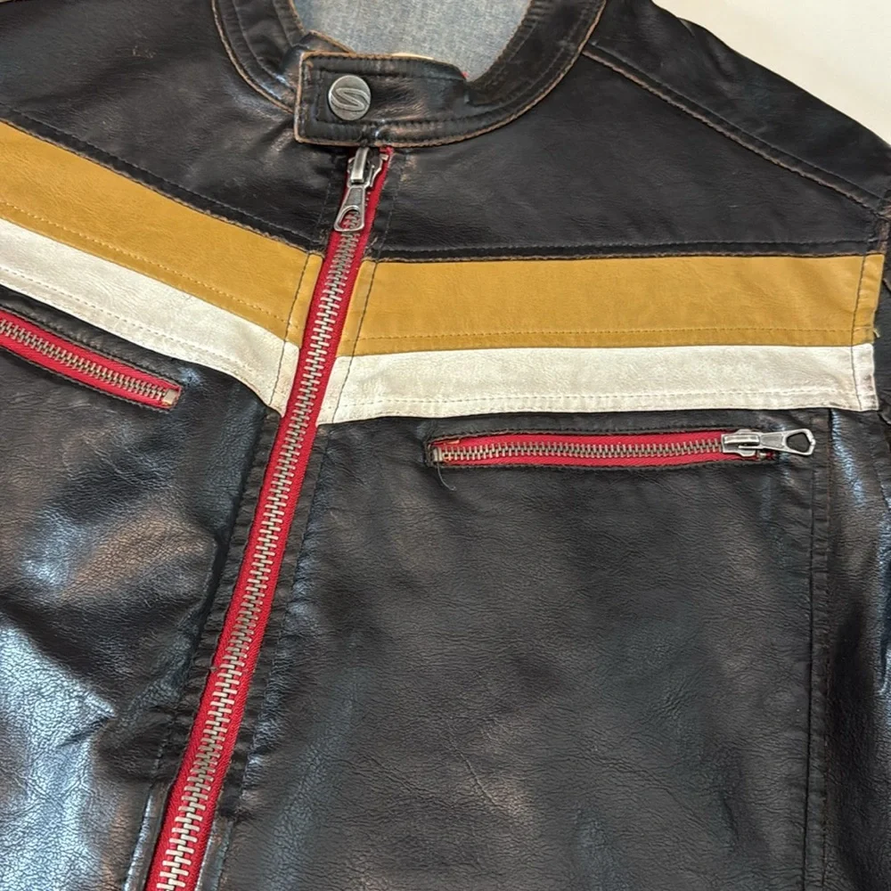 Vintage Springfield 76 Men's Black Leather Racer Jacket w/ Stripe Accents - Picture 4 of 15